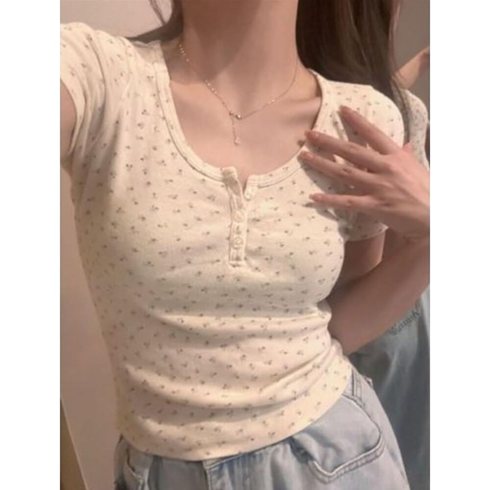Womens Ribbed Crewneck Short Sleeve Floral Stretch Shirt Dainty Design XS/S